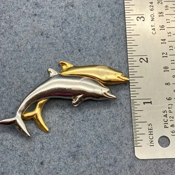 Liz Claiborne Dolphin Brooch Pin 3 In Gold Silver Sleek Elegant Swimming Glam - Picture 4 of 6